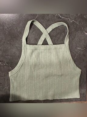 American Eagle Outfitters Ribbed Cross-Back Crop Tank - Sage Green